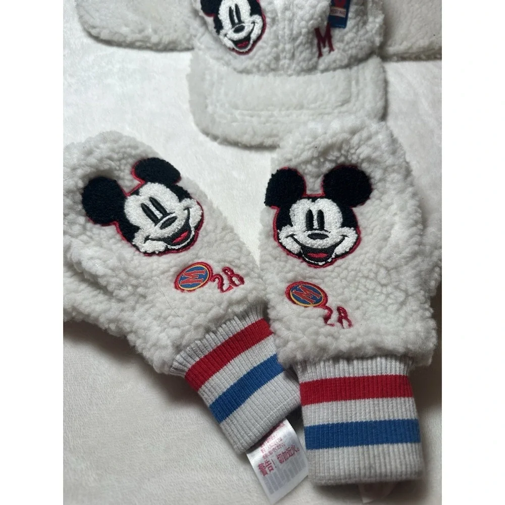 White sherpa fleece Disney Mickey Mouse hat and mittens cold weather set